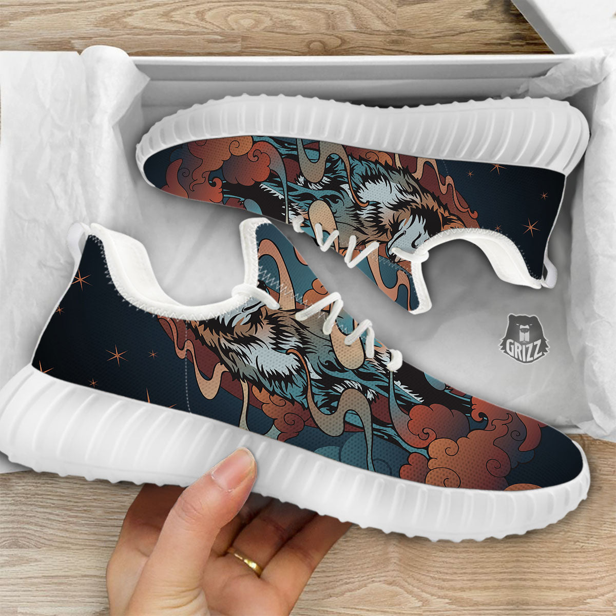 Wolf Spirit Night Forest Print White Walking Shoes-grizzshop