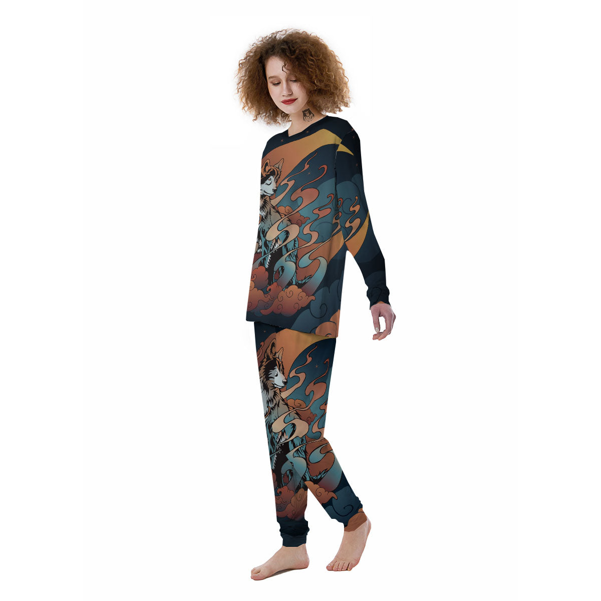 Wolf Spirit Night Forest Print Women's Pajamas-grizzshop
