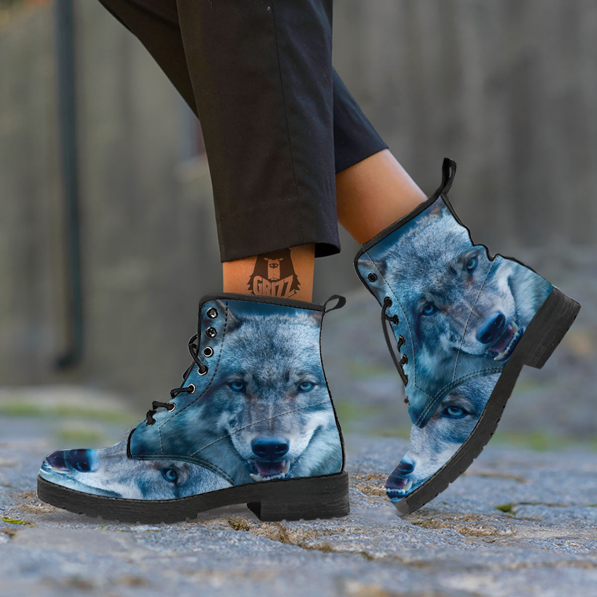 Wolf White And Navy Print Leather Boots-grizzshop