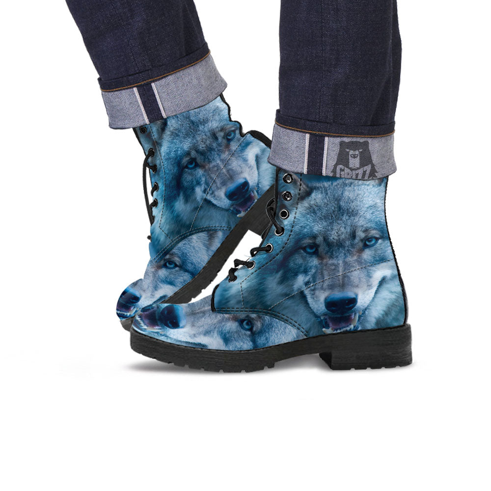 Wolf White And Navy Print Leather Boots-grizzshop
