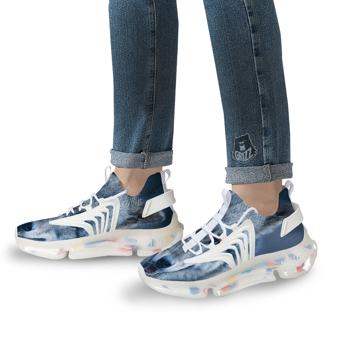 Wolf White And Navy Print White Gym Shoes-grizzshop