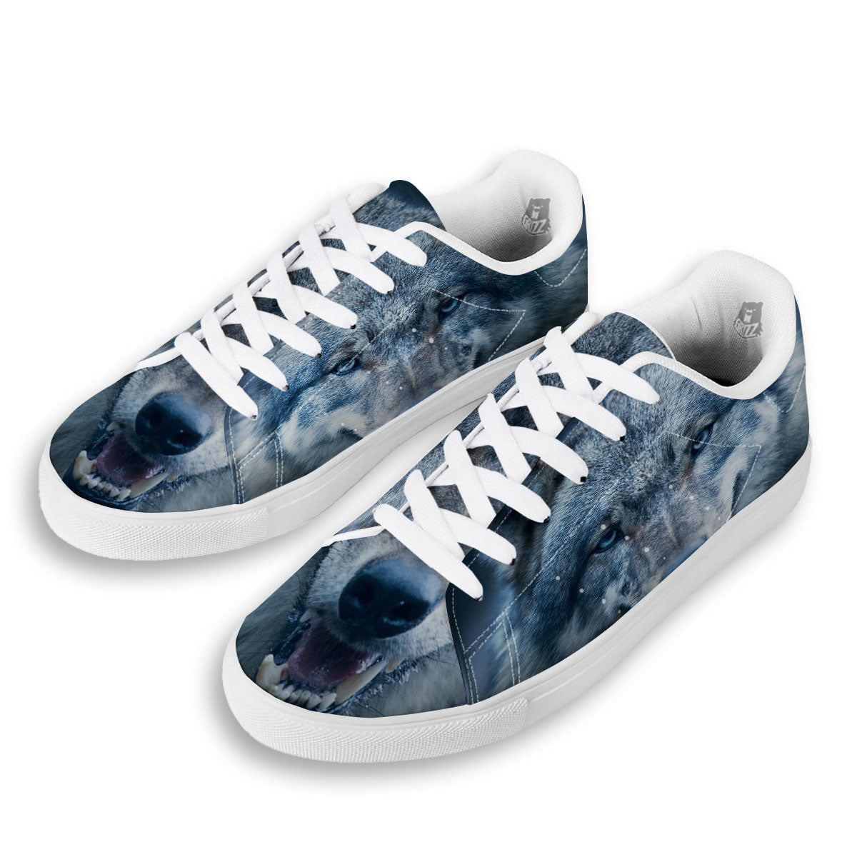 Wolf White And Navy Print White Low Top Sneakers-grizzshop