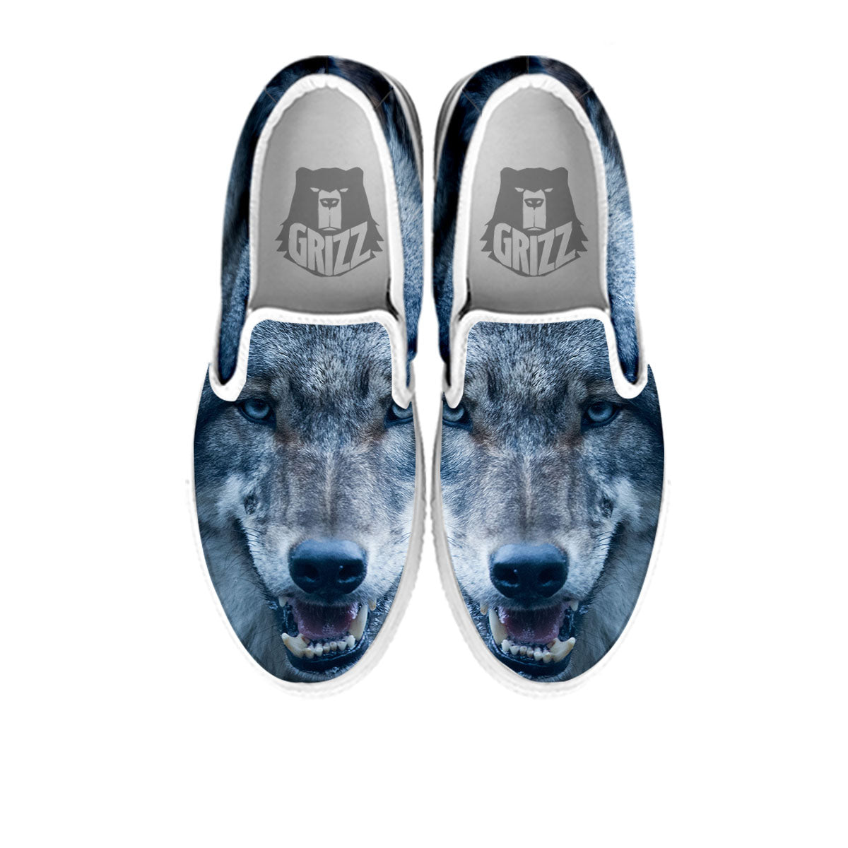 Wolf White And Navy Print White Slip On Shoes-grizzshop