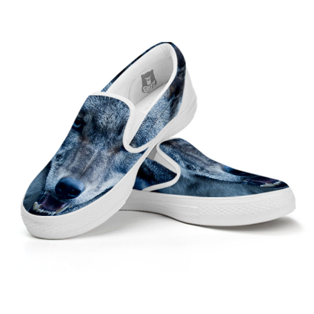 Wolf White And Navy Print White Slip On Shoes-grizzshop