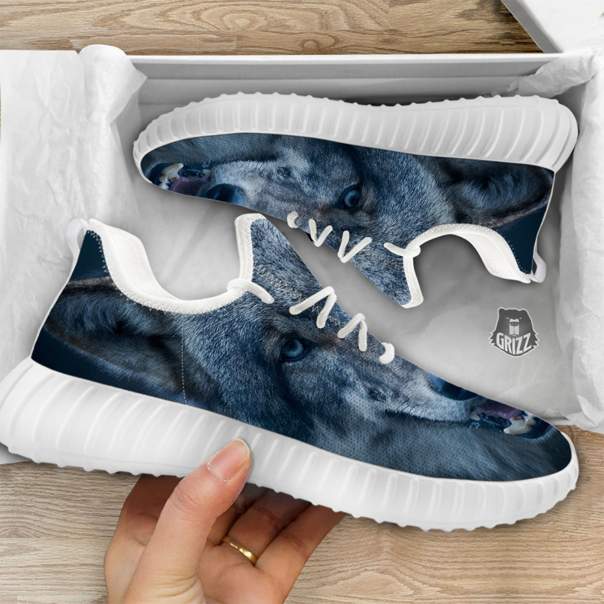 Wolf White And Navy Print White Walking Shoes-grizzshop