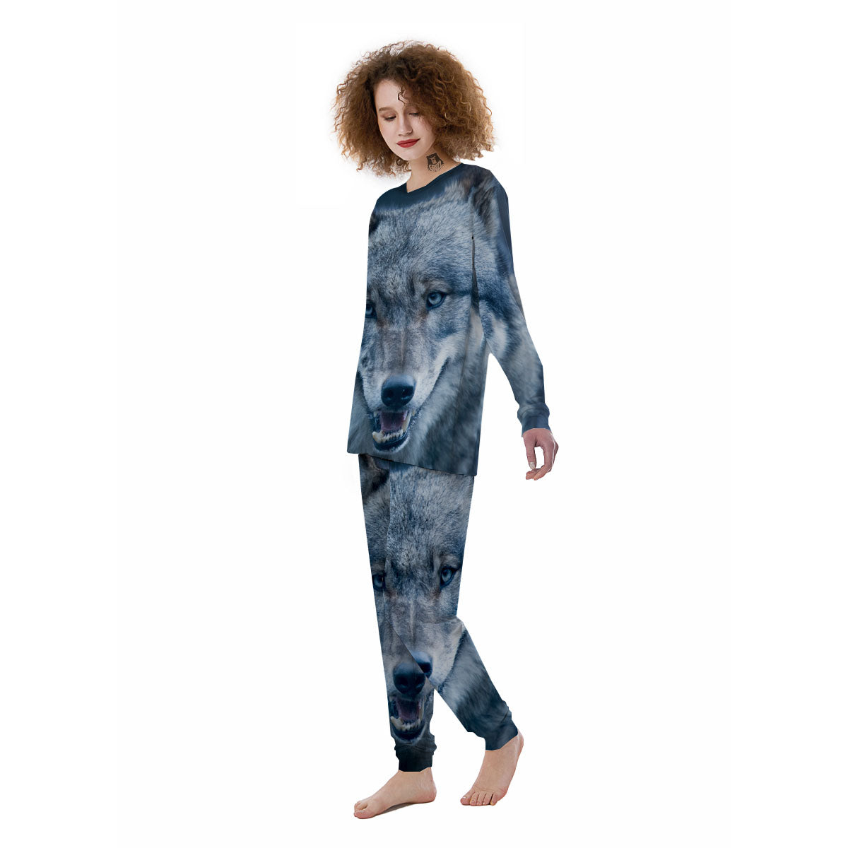 Wolf White And Navy Print Women's Pajamas-grizzshop