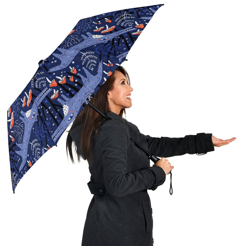Wolf Cartoon Pattern Print Automatic Foldable Umbrella-grizzshop