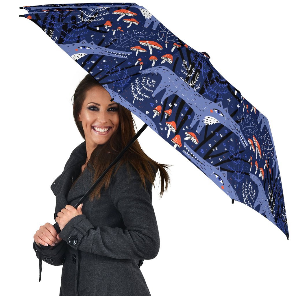 Wolf Cartoon Pattern Print Automatic Foldable Umbrella-grizzshop