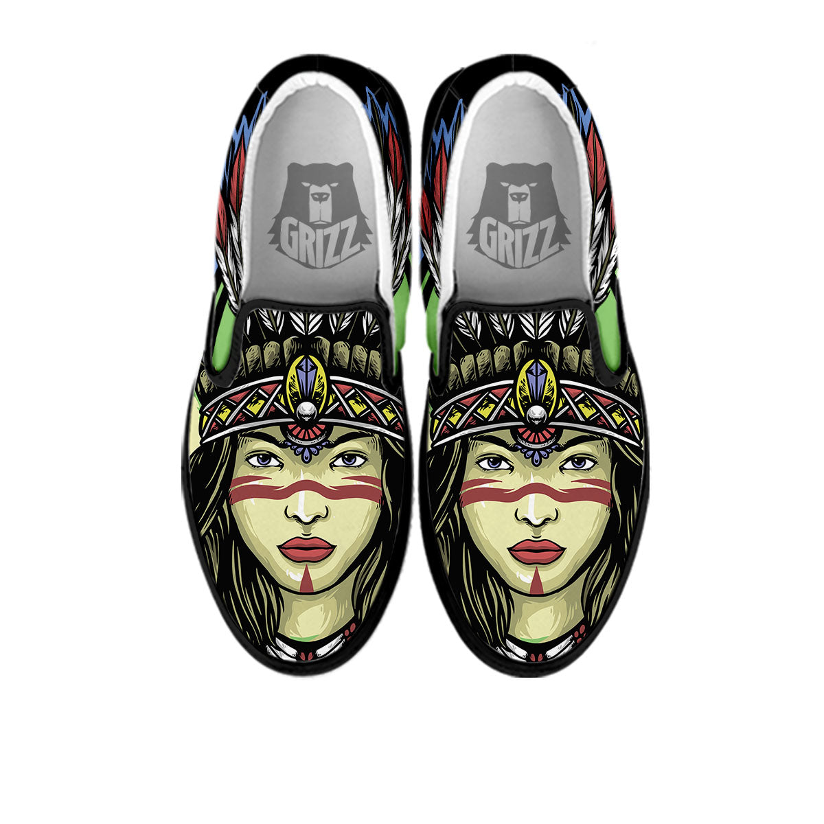 Woman Portrait Native Indian Print Black Slip On Shoes-grizzshop