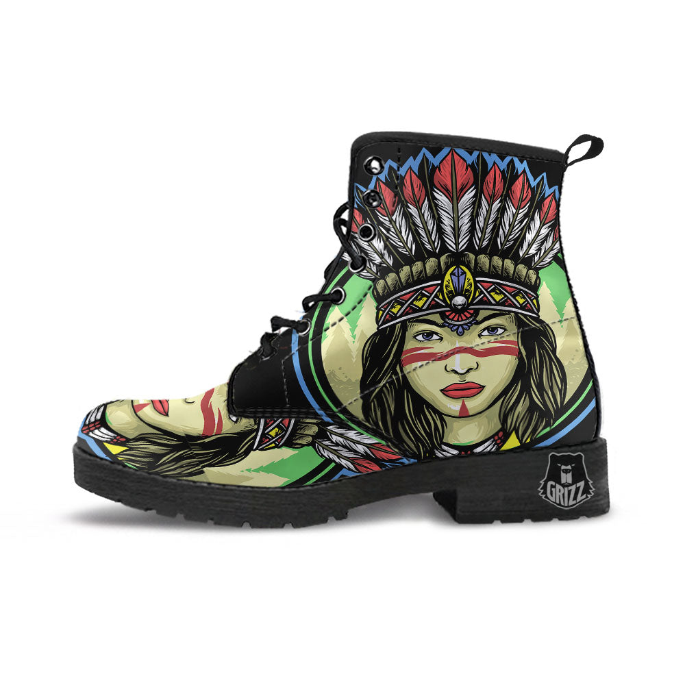 Woman Portrait Native Indian Print Leather Boots-grizzshop