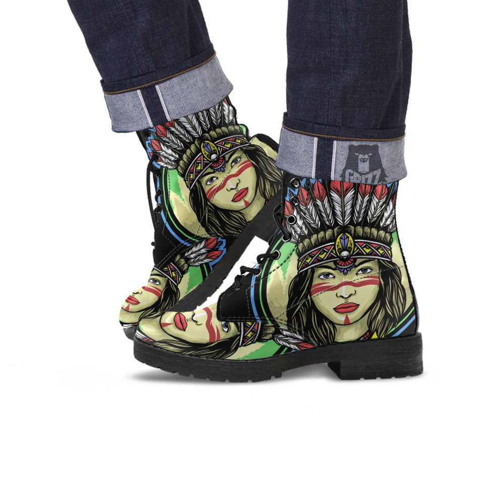 Woman Portrait Native Indian Print Leather Boots-grizzshop