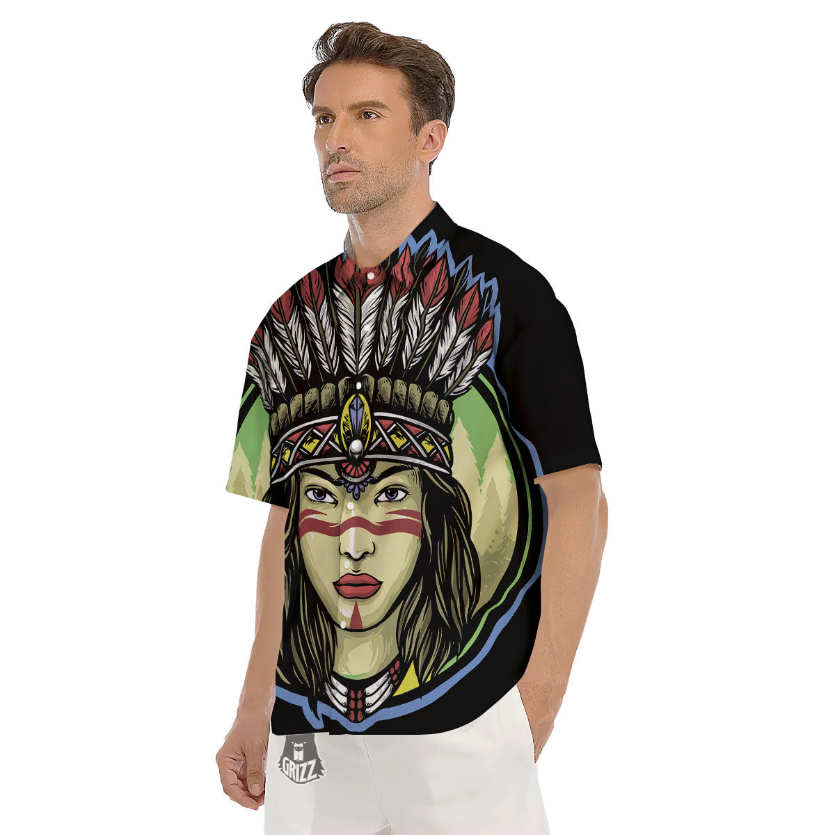 Woman Portrait Native Indian Print Men's Short Sleeve Shirts-grizzshop