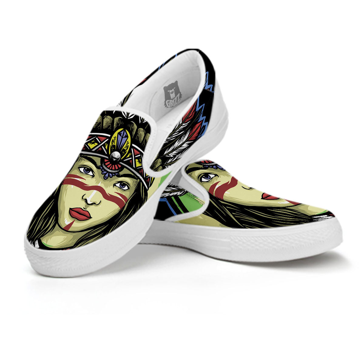 Woman Portrait Native Indian Print White Slip On Shoes-grizzshop