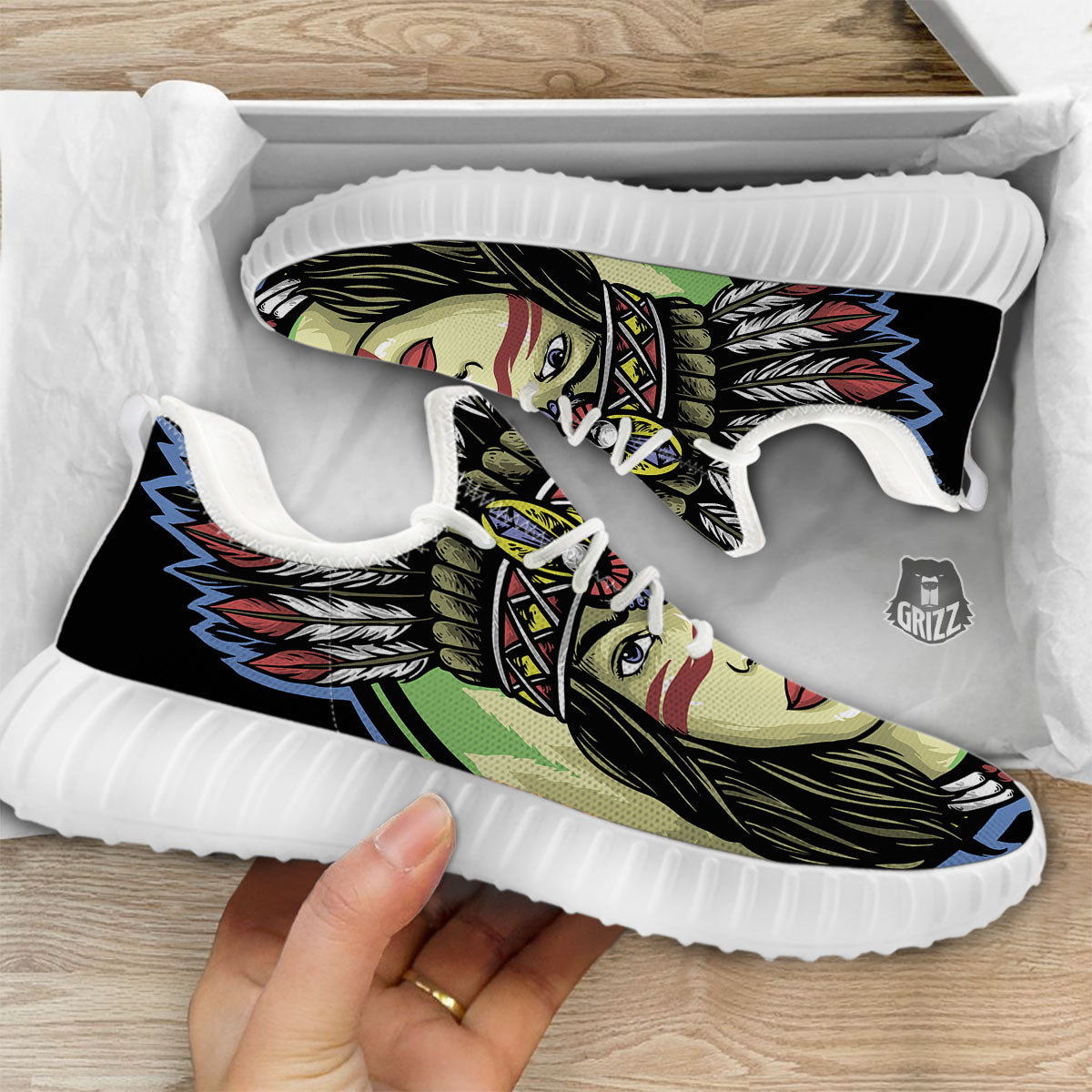 Woman Portrait Native Indian Print White Walking Shoes-grizzshop
