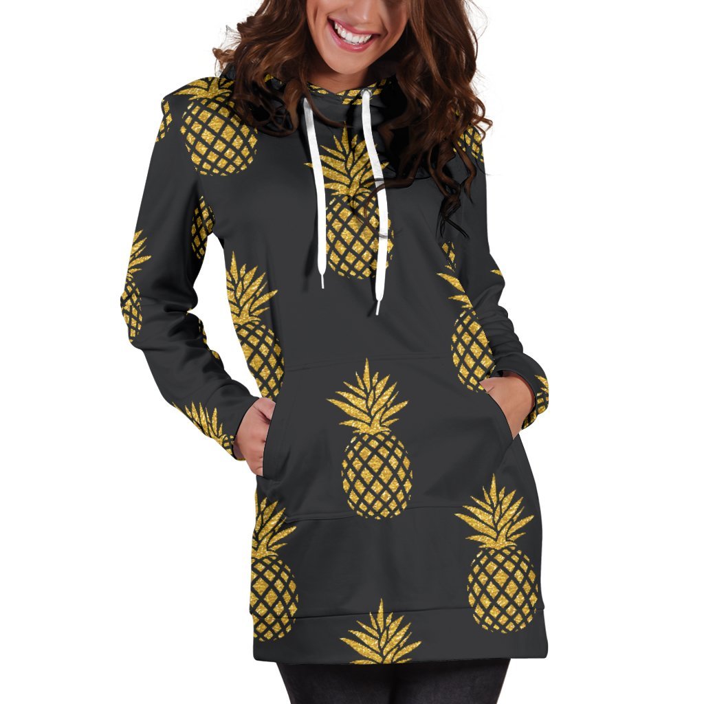 Women Black Gold Pineapple Hawaiian Hoodie Dress Print-grizzshop