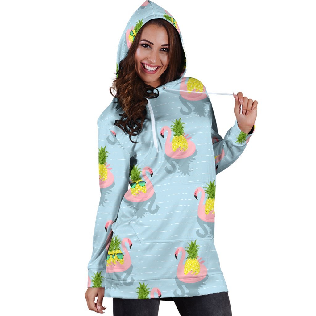 Women Blue Flamingo Pineapple Hoodie Dress Print-grizzshop