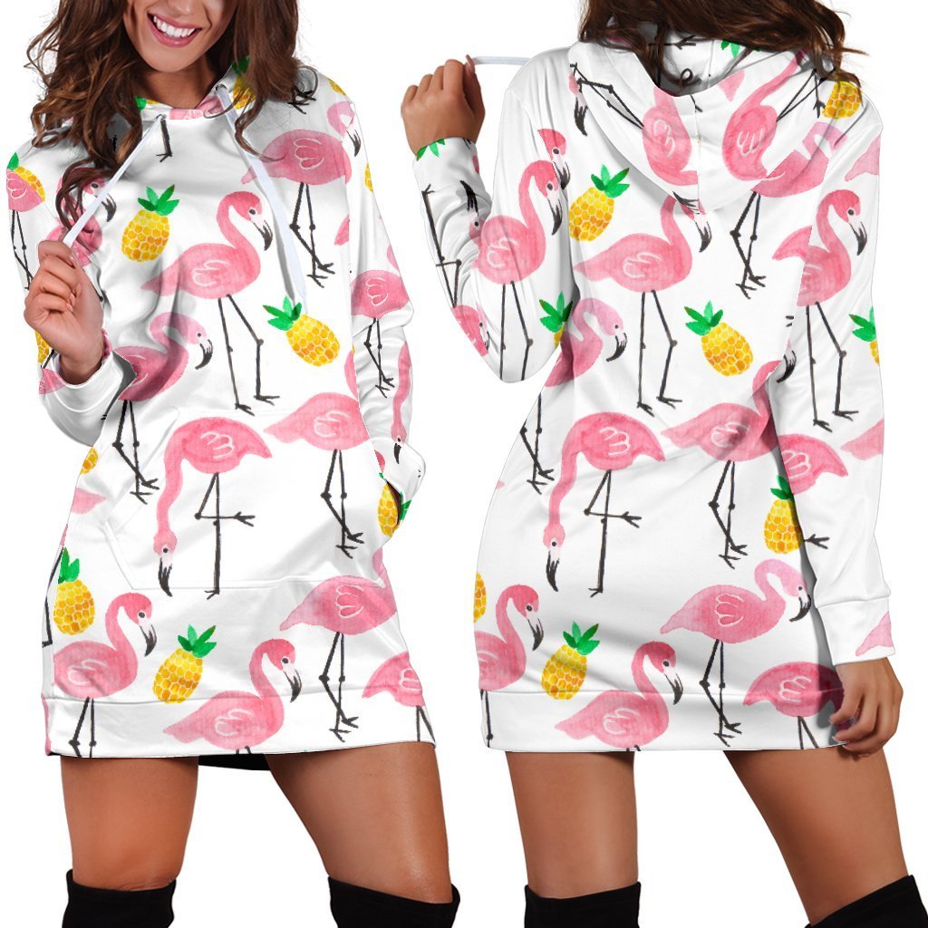 Women Flamingo White Pineapple Hoodie Dress Print-grizzshop