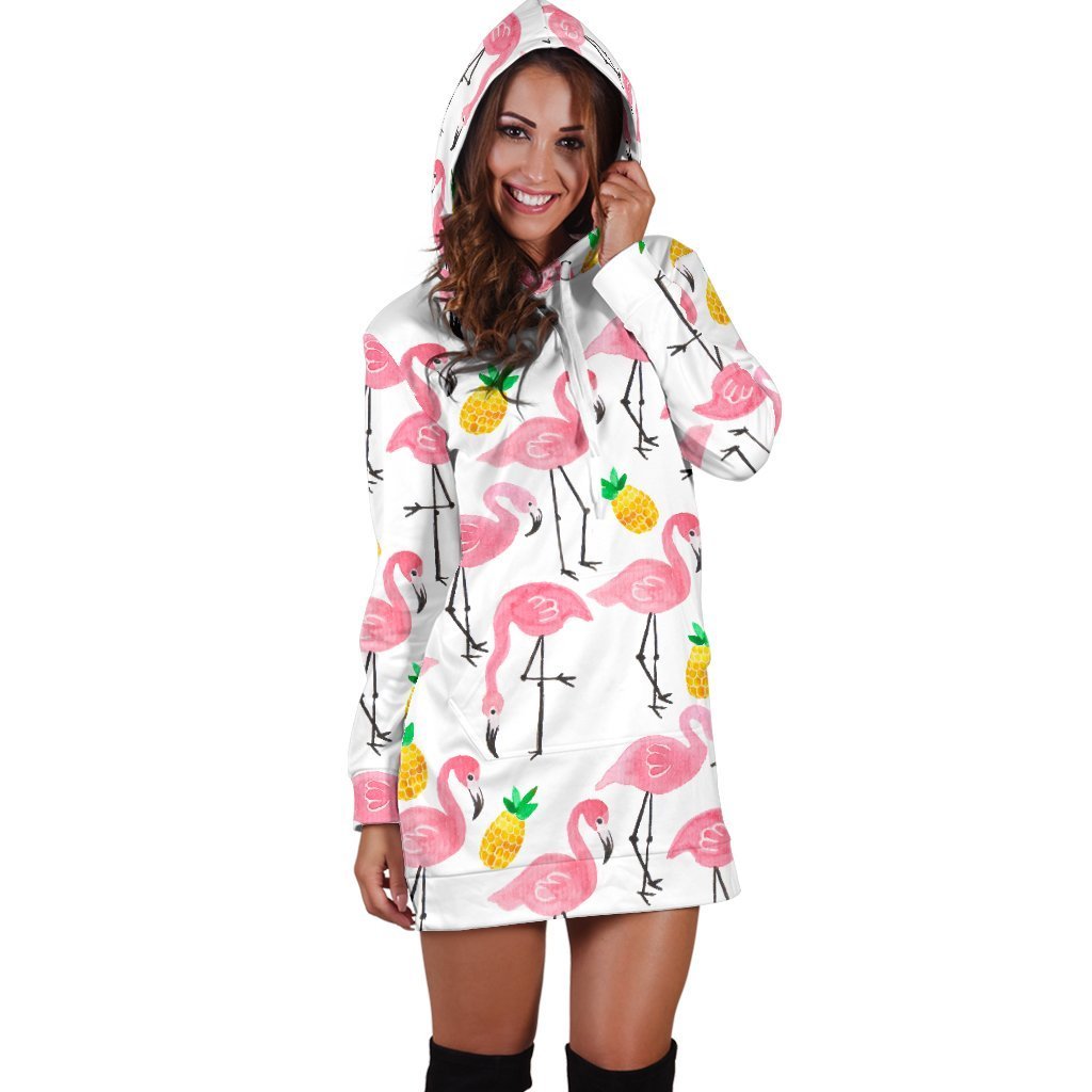 Women Flamingo White Pineapple Hoodie Dress Print-grizzshop