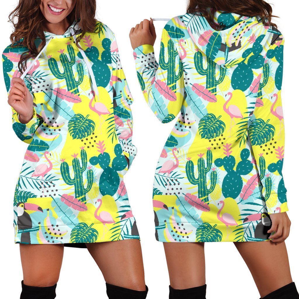 Women Jungle Flamingo Cactus Pineapple Hoodie Dress Print-grizzshop