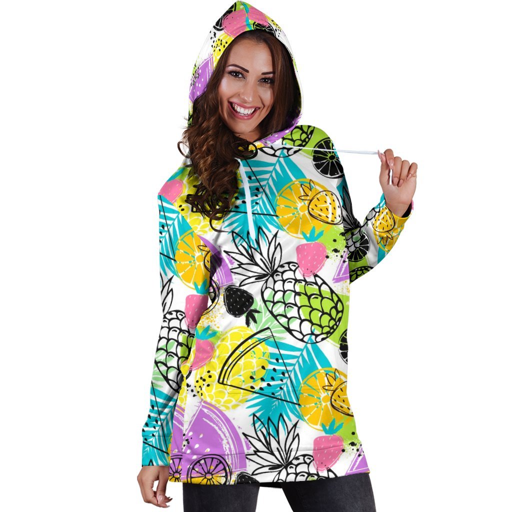 Women Multi fruite Drawing Pineapple Hoodie Dress Print-grizzshop