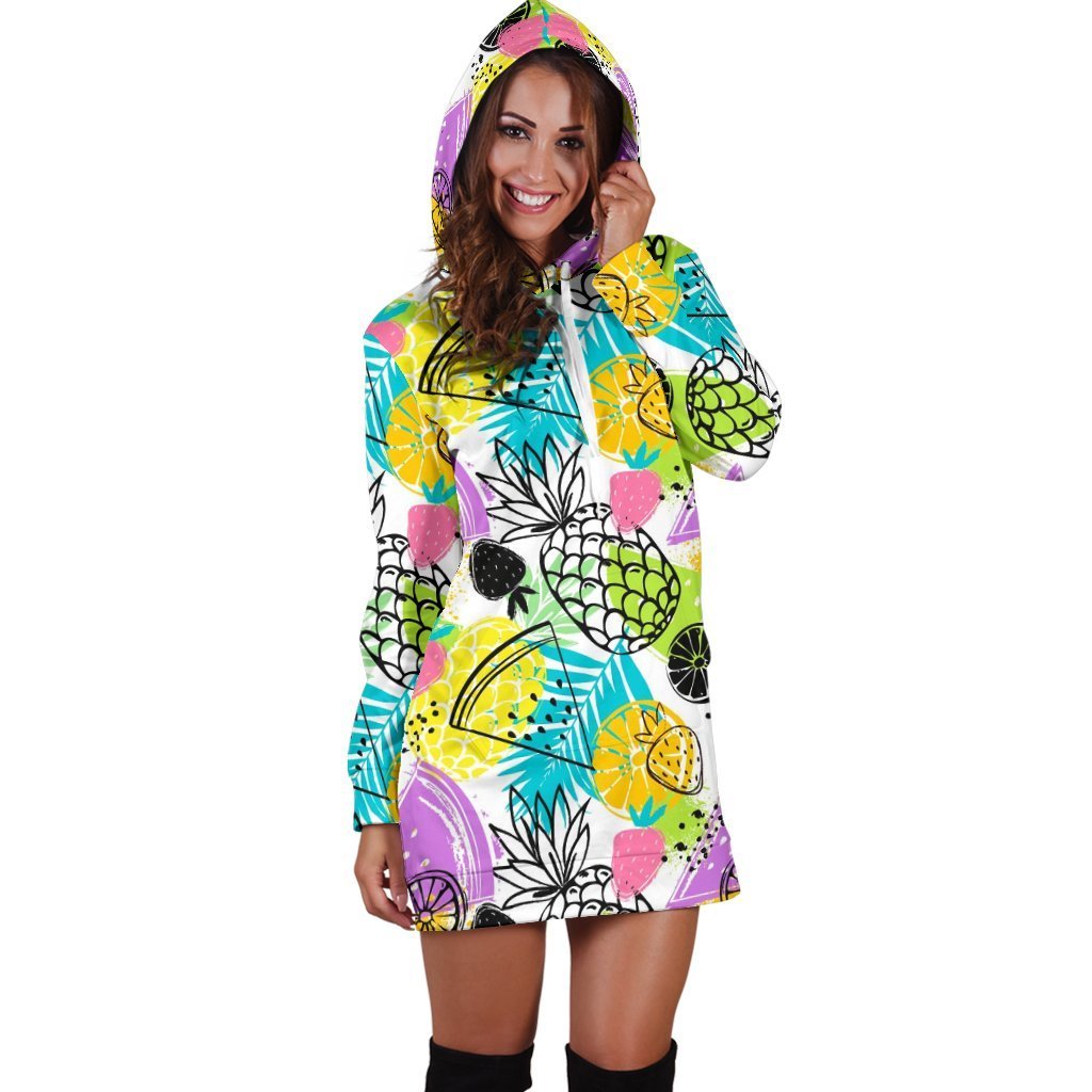 Women Multi fruite Drawing Pineapple Hoodie Dress Print-grizzshop