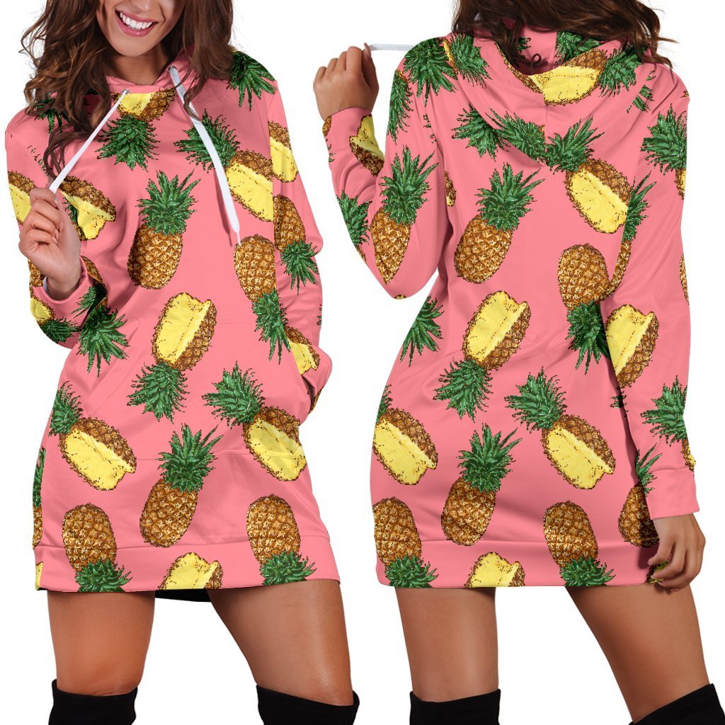 Women Pink Cutting Pineapple Hoodie Dress Print-grizzshop