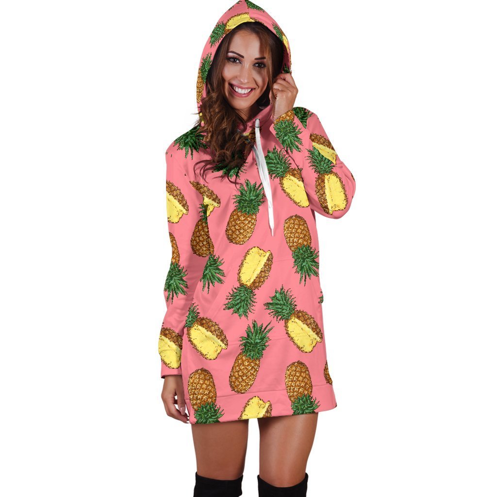 Women Pink Cutting Pineapple Hoodie Dress Print-grizzshop