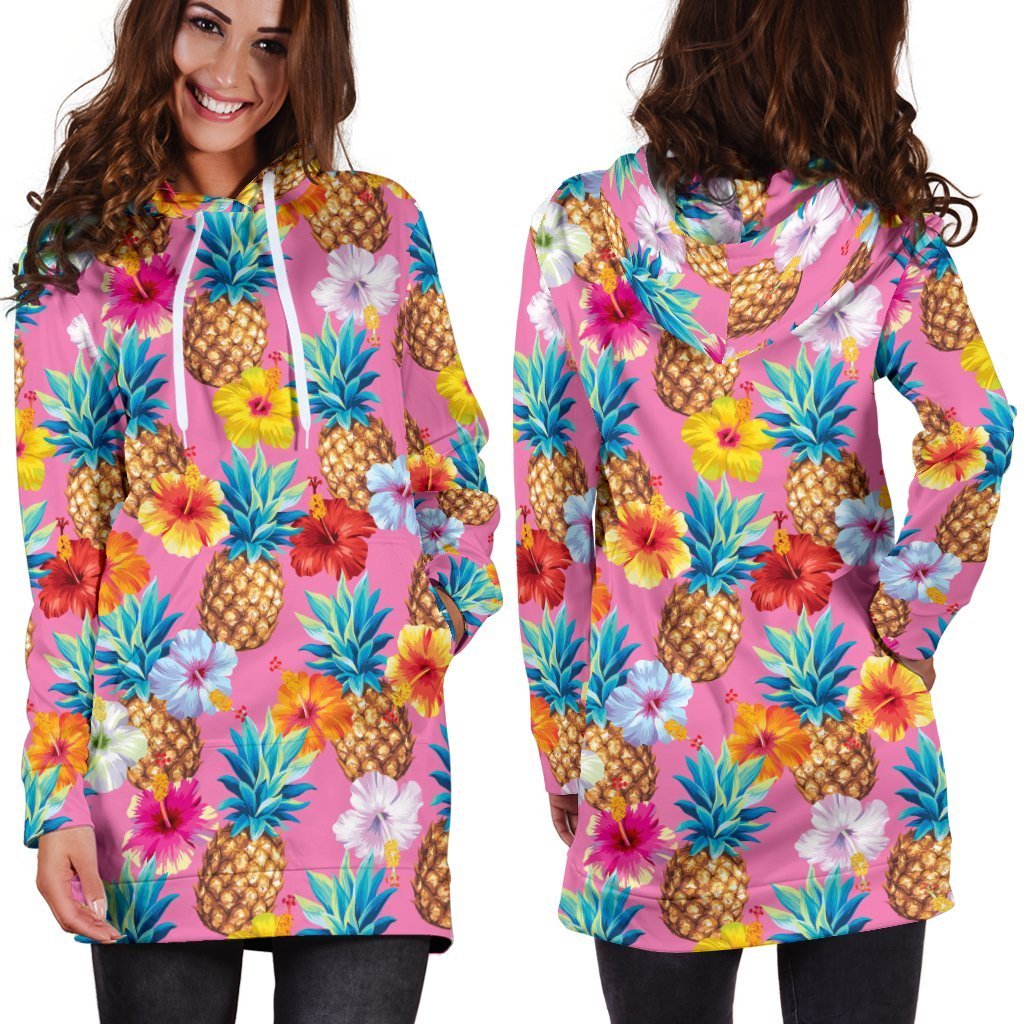 Women Pink Hibiscus Pineapple Hawaiian Hoodie Dress Print-grizzshop