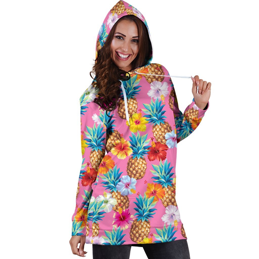 Women Pink Hibiscus Pineapple Hawaiian Hoodie Dress Print-grizzshop