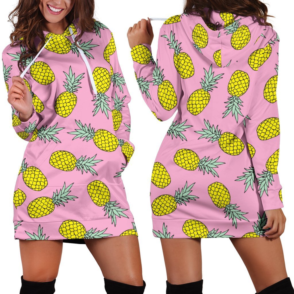 Women Pink Pineapple Hawaiian Hoodie Dress Print-grizzshop