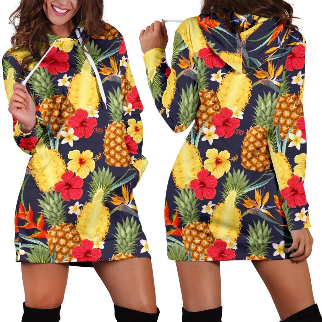 Women Tropical Hawaiian Hibiscus Pineapple Hoodie Dress Print-grizzshop
