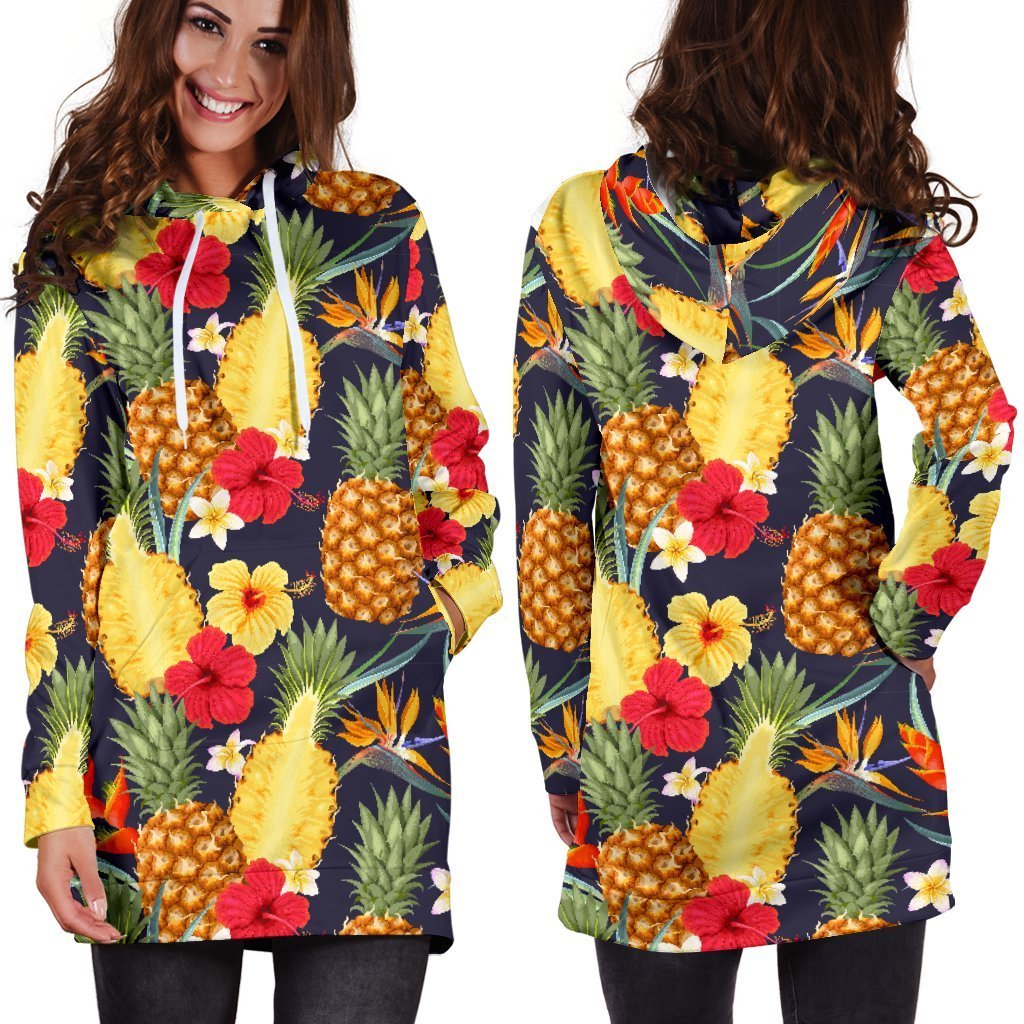 Women Tropical Hawaiian Hibiscus Pineapple Hoodie Dress Print-grizzshop