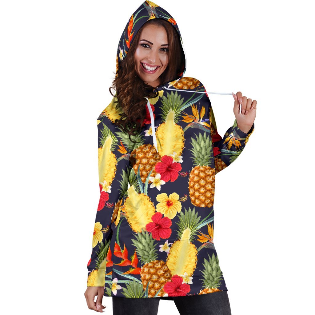 Women Tropical Hawaiian Hibiscus Pineapple Hoodie Dress Print-grizzshop