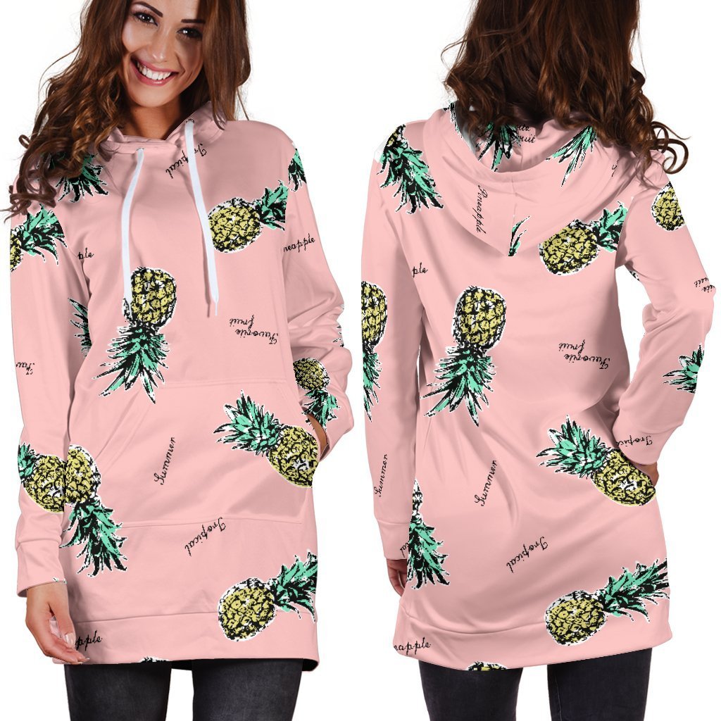 Women Vintage Pink Pineapple Hoodie Dress Print-grizzshop