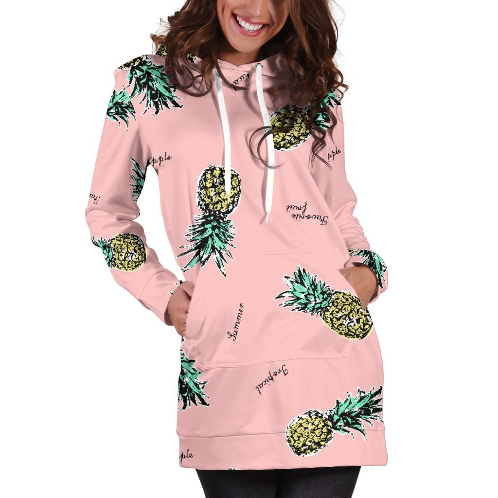 Women Vintage Pink Pineapple Hoodie Dress Print-grizzshop