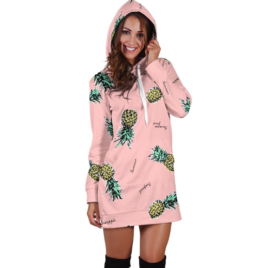 Women Vintage Pink Pineapple Hoodie Dress Print-grizzshop