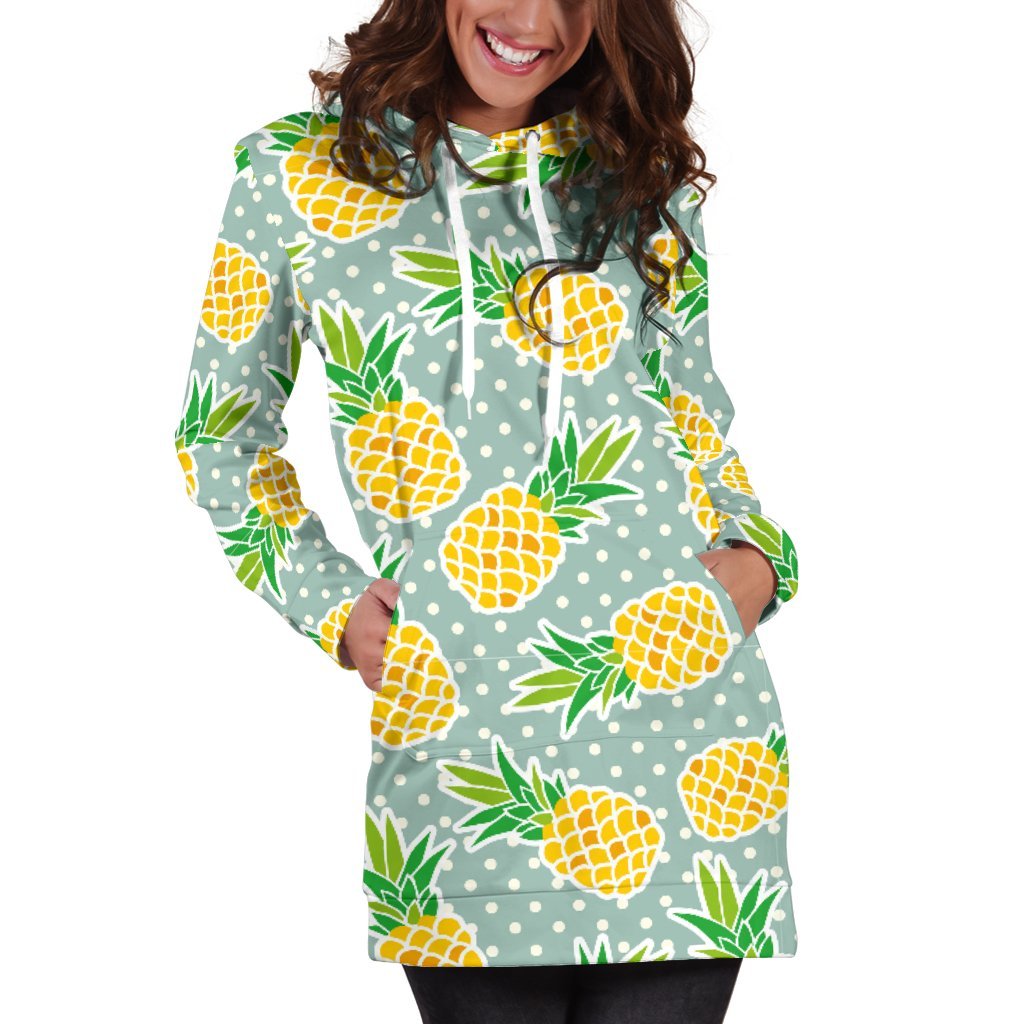 Women Polkadot Green Pineapple Hoodie Dress Print-grizzshop