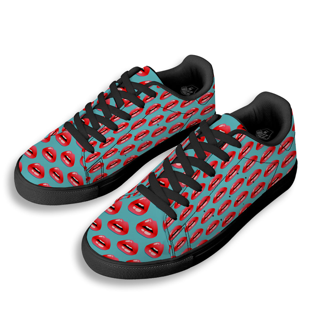 Women's Lips Print Pattern Black Low Top Sneakers-grizzshop