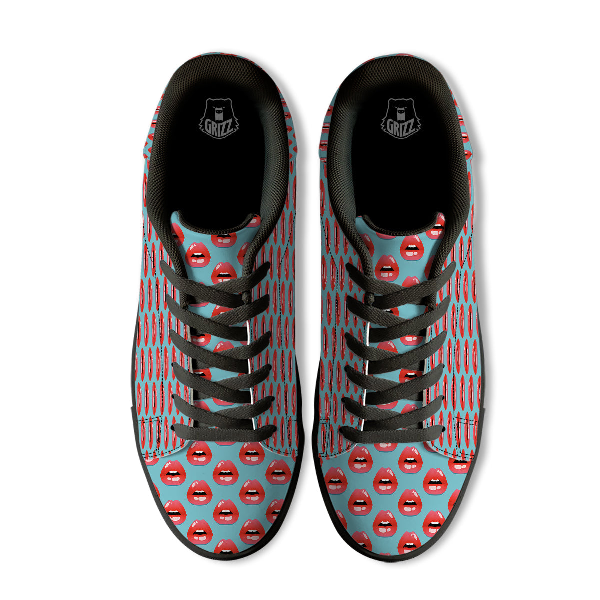 Women's Lips Print Pattern Black Low Top Sneakers-grizzshop