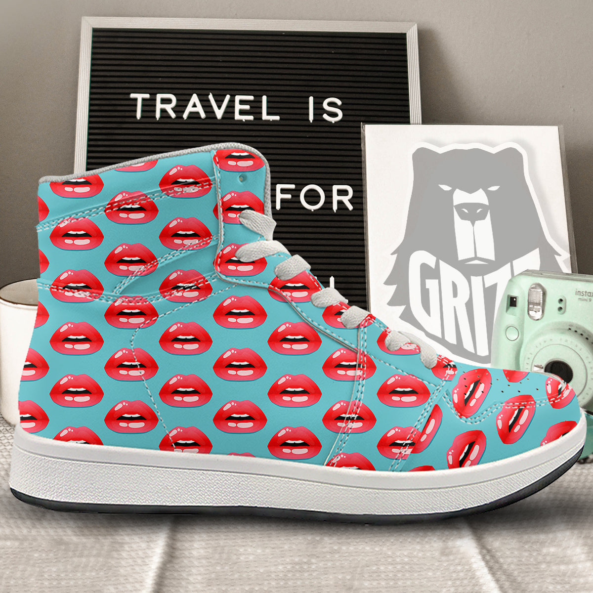 Women's Lips Print Pattern High Top Sneakers-grizzshop