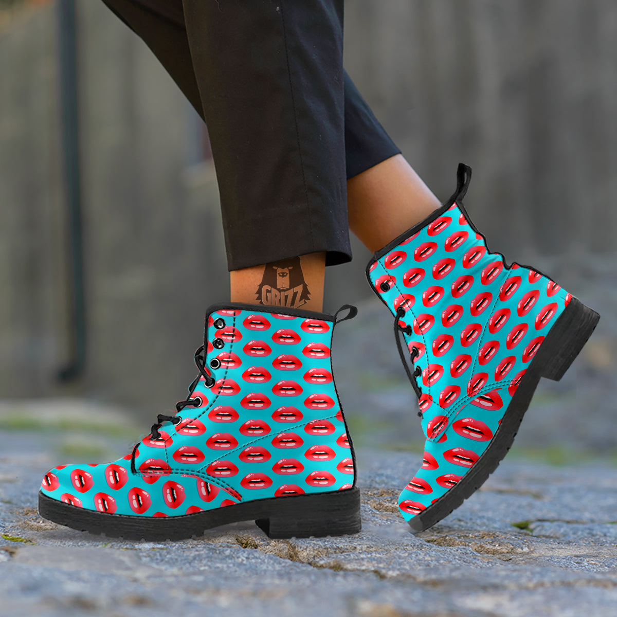 Women's Lips Print Pattern Leather Boots-grizzshop