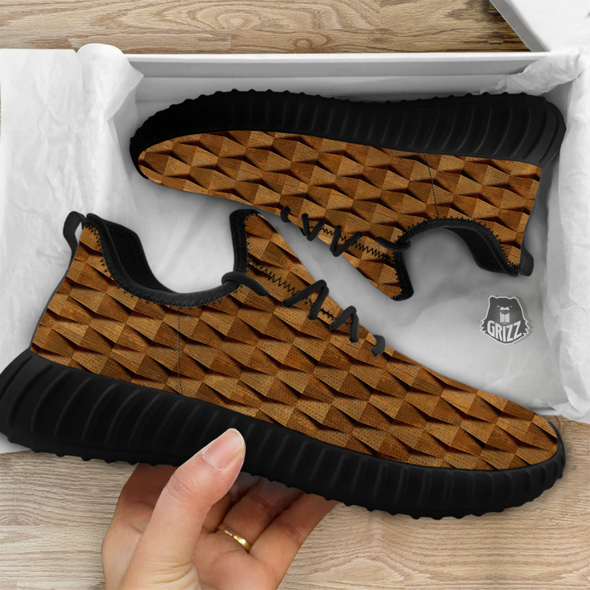Wood Wall 3D Print Pattern Black Walking Shoes-grizzshop