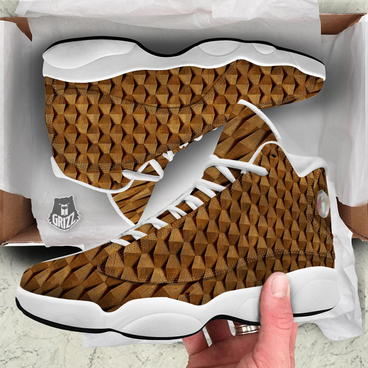 Wood Wall 3D Print Pattern White Basketball Shoes-grizzshop