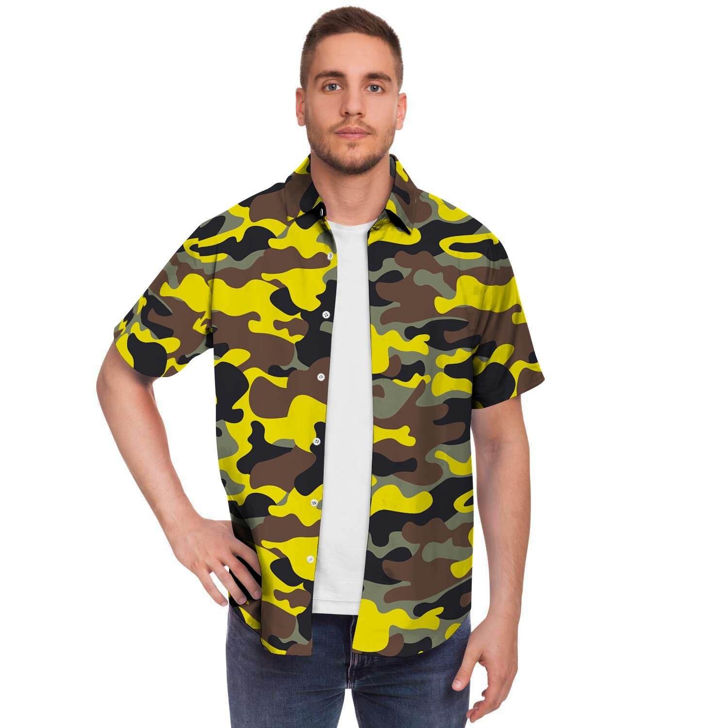 Woodland And Yellow Camo Print Men's Short Sleeve Shirt-grizzshop