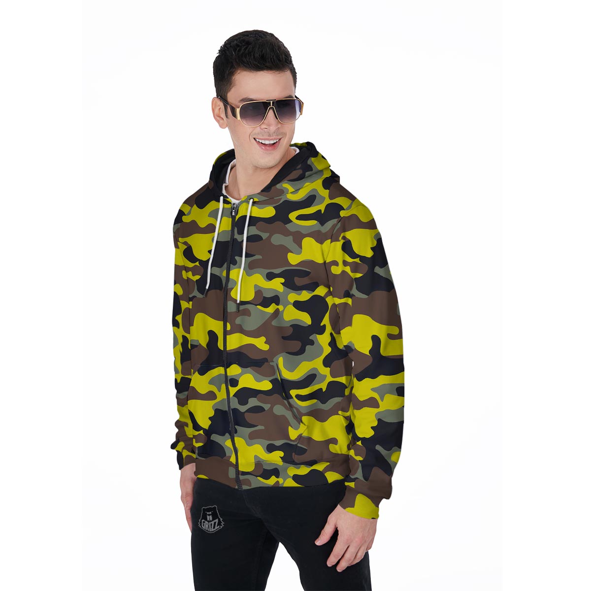 Woodland And Yellow Camo Print Men's Zip Up Hoodie-grizzshop