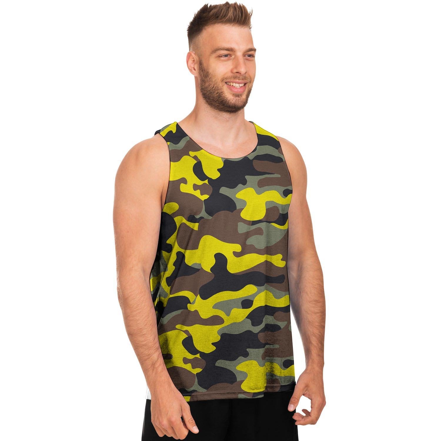 Woodland And Yellow Camo Print Men's Tank Tops-grizzshop