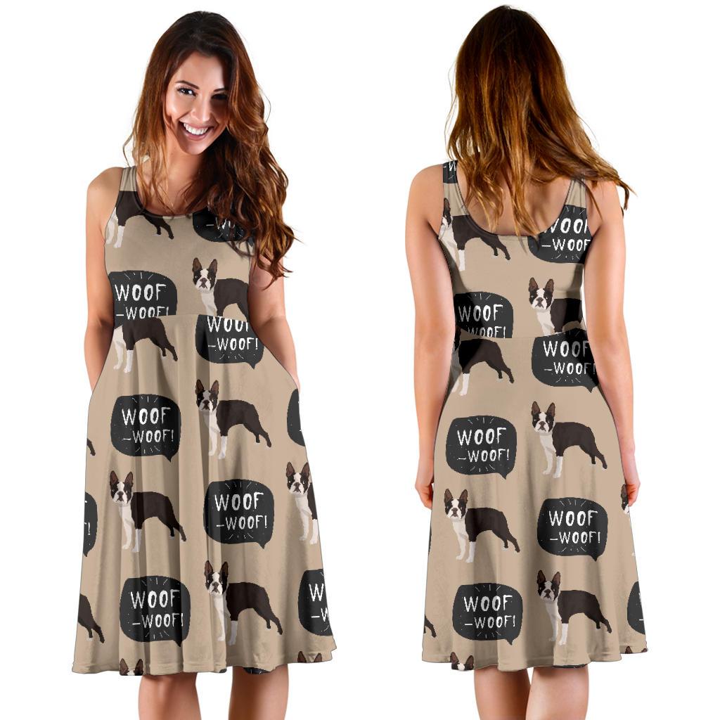 Woof Woof Boston Terrier Pattern Print Dress-grizzshop