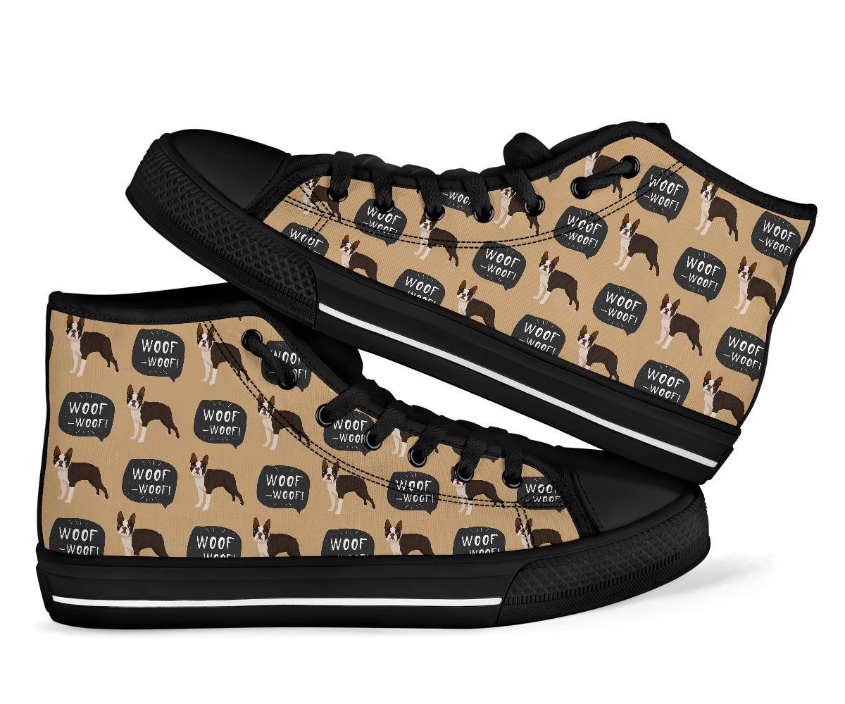 Woof Woof Boston Terrier Pattern Print Men Women's High Top Shoes-grizzshop