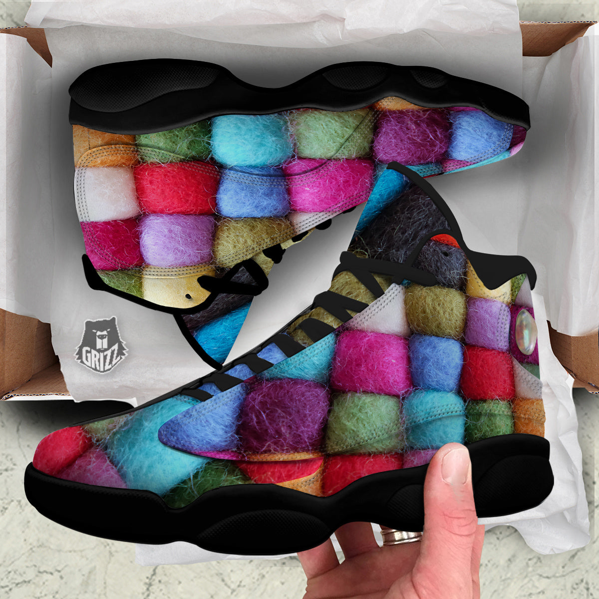 Wool Yarns Colorful Print Black Basketball Shoes-grizzshop