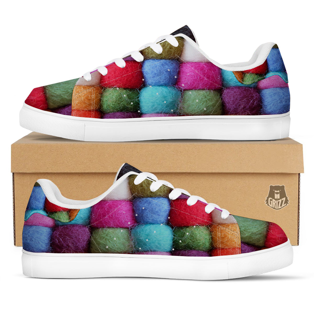 Wool Yarns Colorful Print White Low Top Sneakers-grizzshop